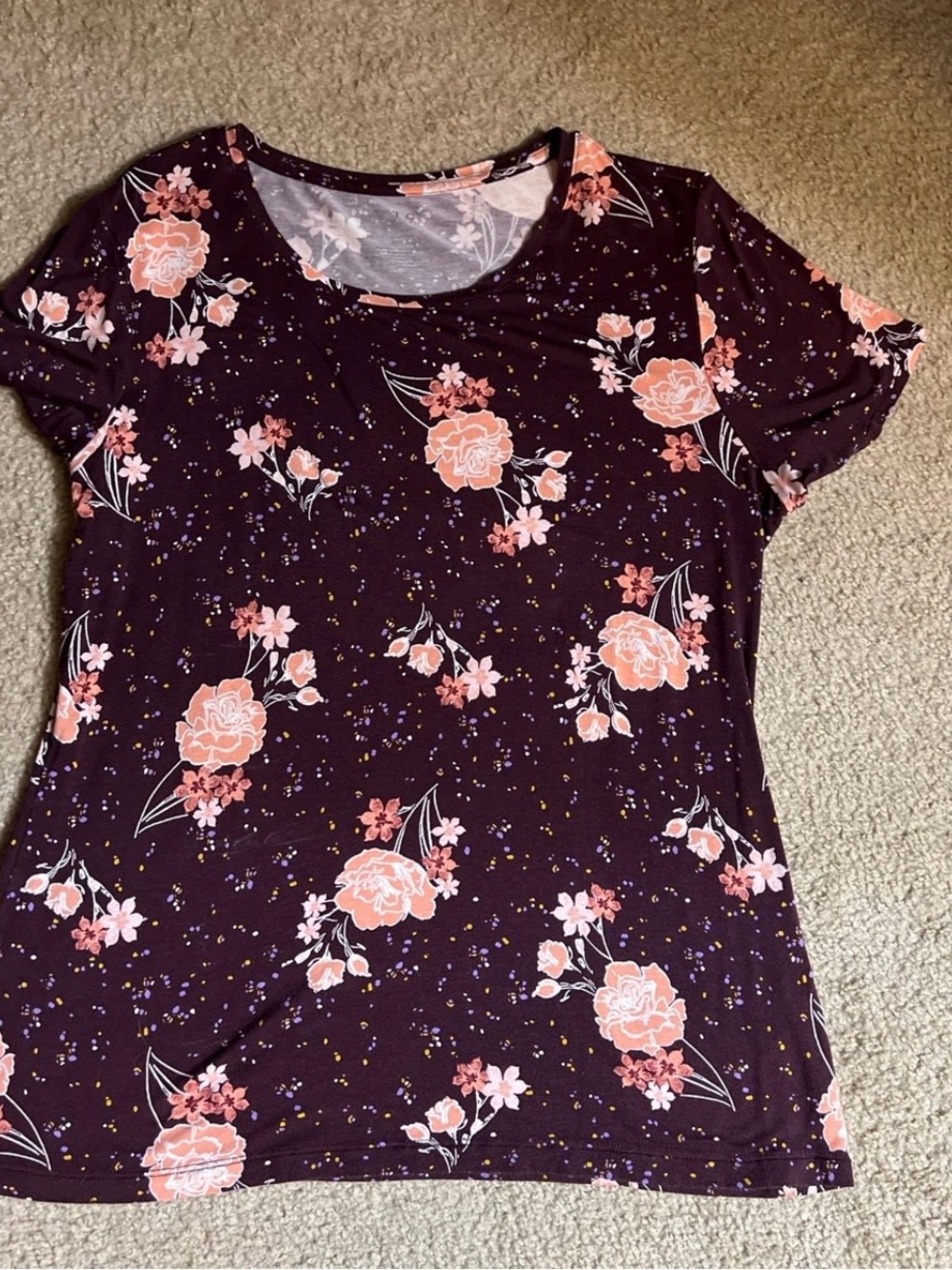 Apt. 9 Plum Short Sleeve Floral Tee with Peach Blooms